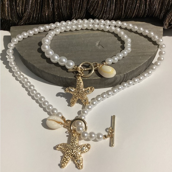 🪸Naitical Starfish & Puka  Shell Beaded Pearl toggle collar necklace & Bracelet - Picture 12 of 16